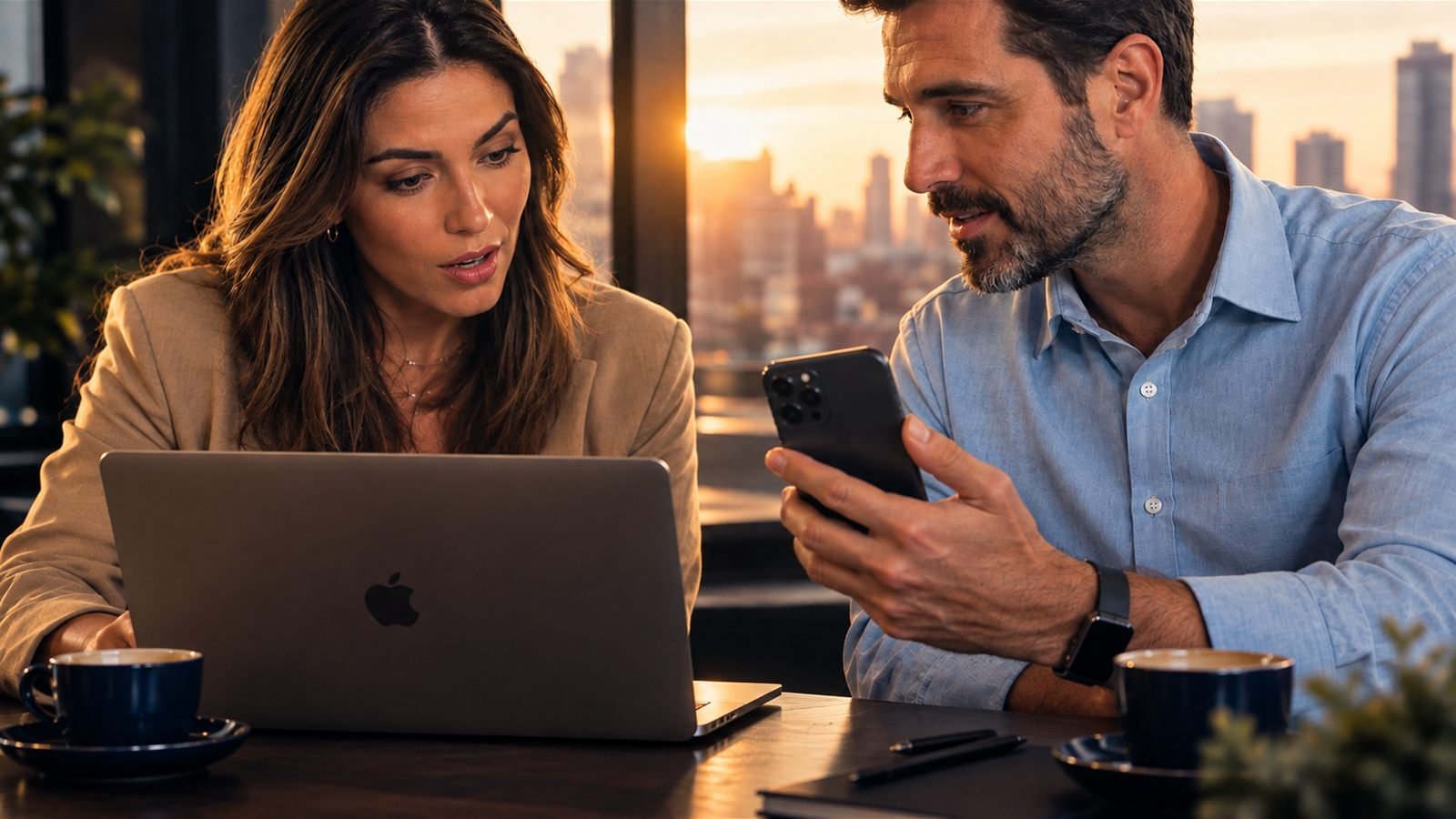 Duas pessoas comparam resultados de pesquisa no notebook e no celular
